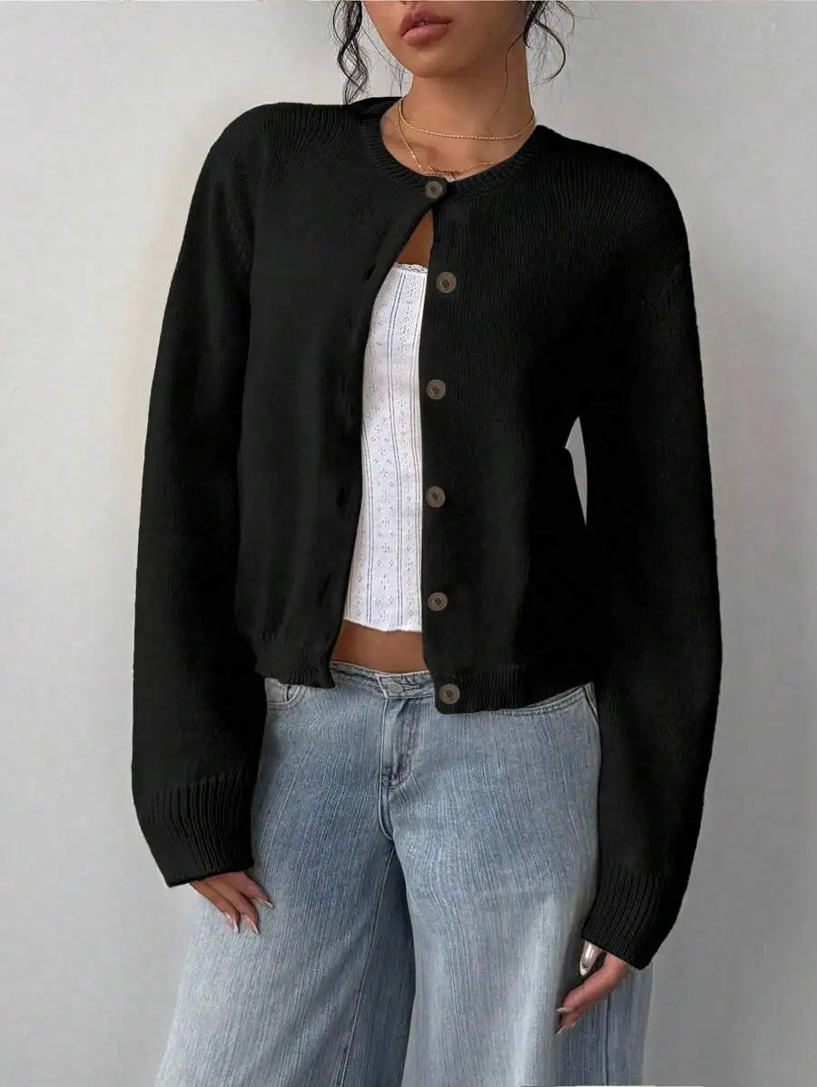 Women's Cropped Crew Neck Relaxed Fit Minimalist Knit Sweater
