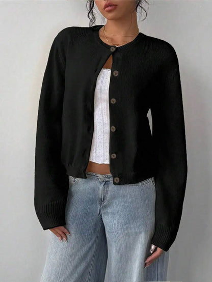 Women's Cropped Crew Neck Relaxed Fit Minimalist Knit Sweater