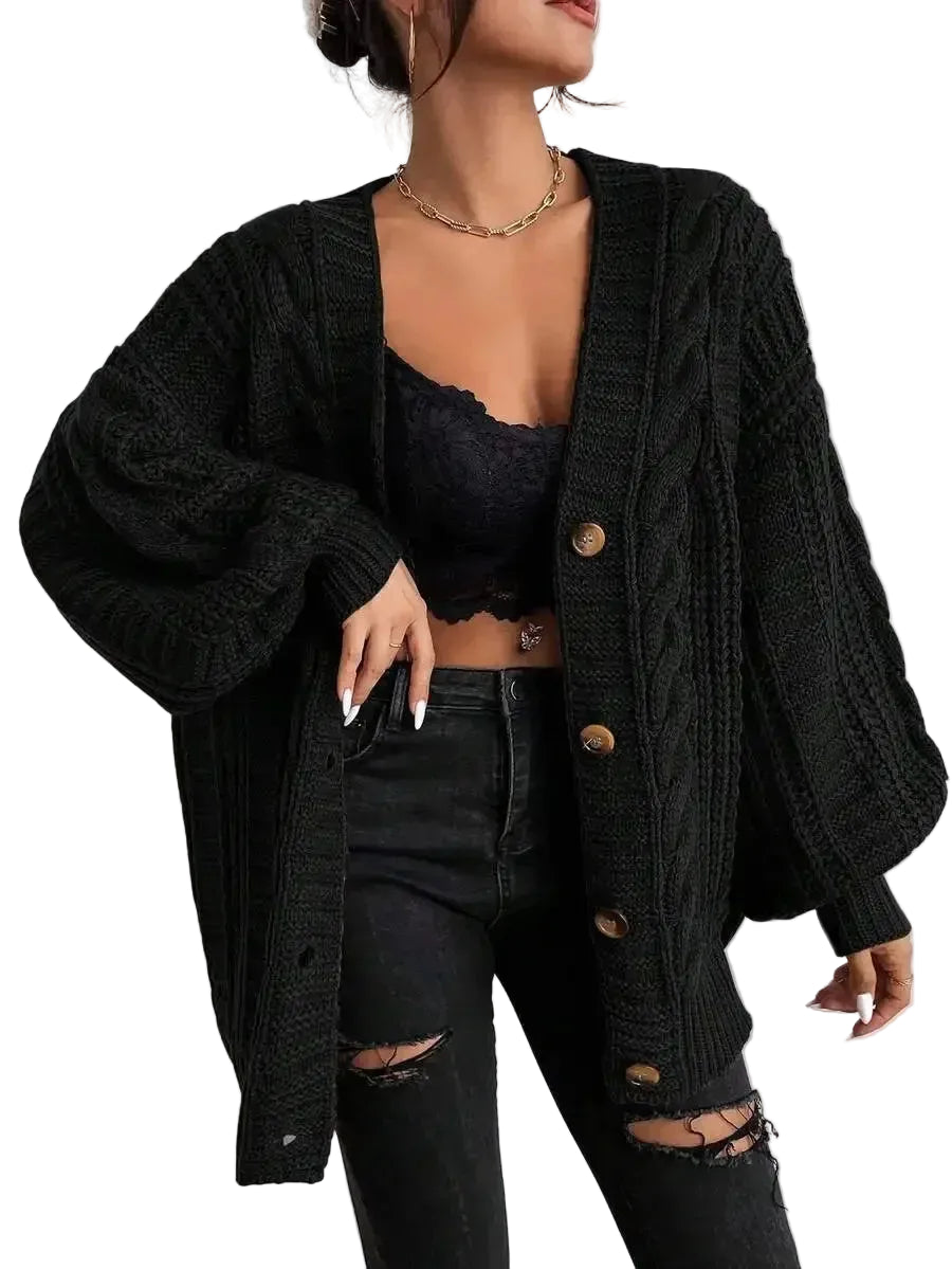 Women's Oversized Cable Knit Sweater with Textured Stitching and Relaxed Streetwear Silhouette