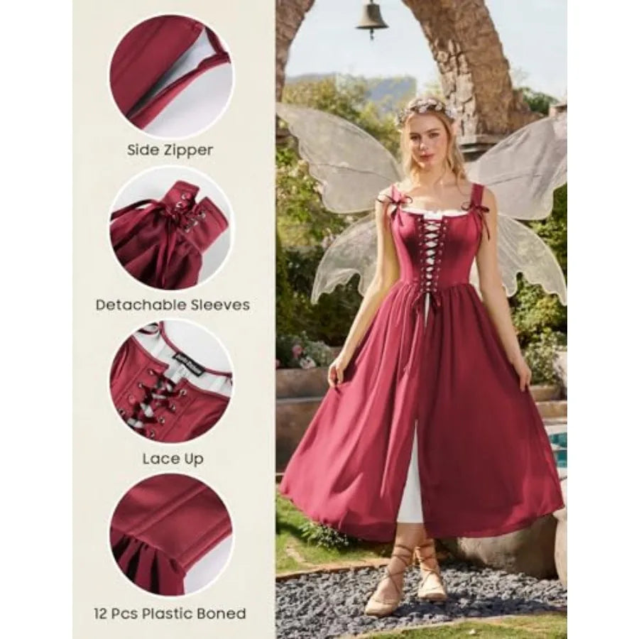Women's Renaissance-Inspired Corset Dress Set with Bell Sleeves and Layered Overdress