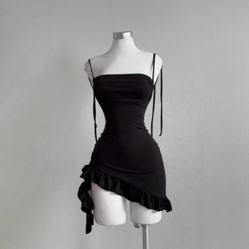 Strapless Backless Bodycon Mini Dress with Lace-Up Detail and Ruffle Hem