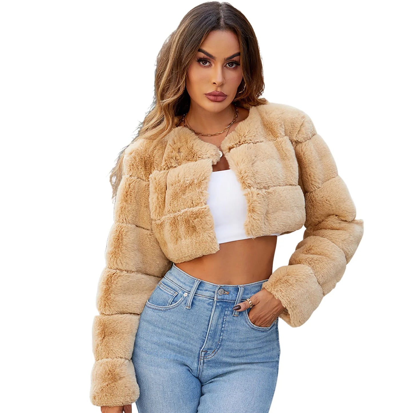 Cropped Plush Faux Fur Zip Front Streetwear Jacket for Layered Styling