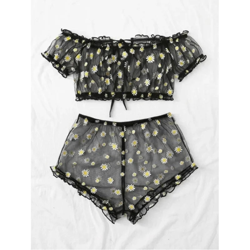 Sheer Black Mesh Daisy Print Two-Piece Loungewear Set with Ruffled Crop Top and Shorts