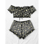 Sheer Black Mesh Daisy Print Two-Piece Loungewear Set with Ruffled Crop Top and Shorts