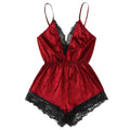 Sleek Satin-Finish Romper Teddy with Plunging V-Neckline and Eyelash Lace Trim