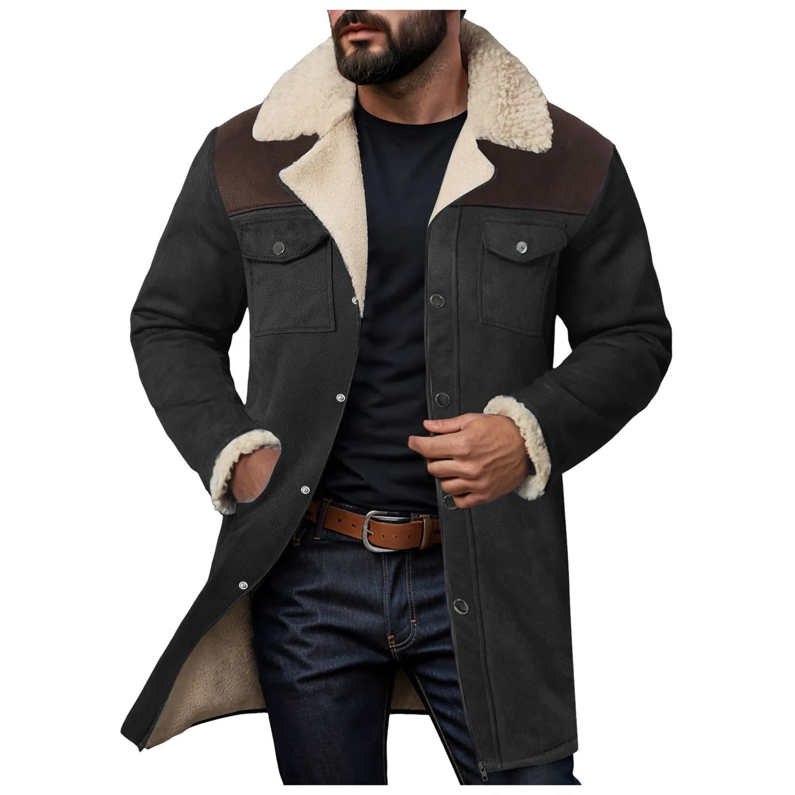 Men's Mid-Length Faux Suede Sherpa Collar Jacket with Utility Pockets for Vintage Streetwear Style