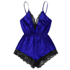 Sleek Satin-Finish Romper Teddy with Plunging V-Neckline and Eyelash Lace Trim