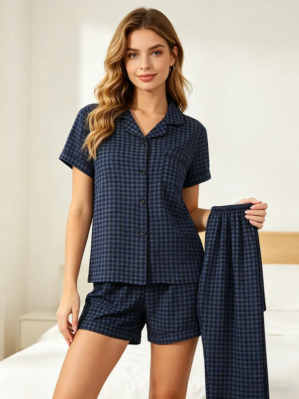 Three-Piece Cream Bow Print Pajama Lounge Set with Short-Sleeve Button-Down Top, Matching Shorts and Long Pants