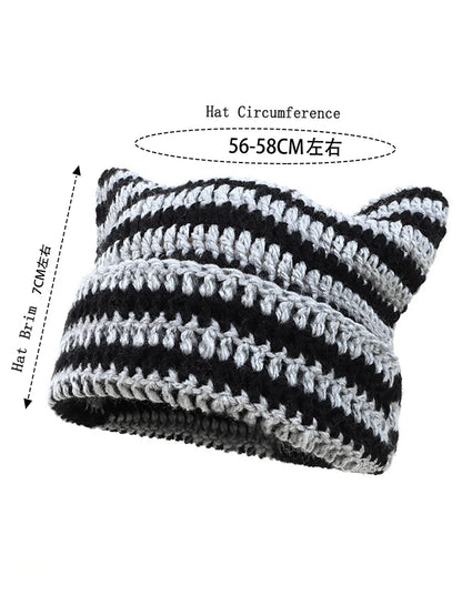Striped Cat Ear Knit Beanie with Cotton Blend Construction for Playful Streetwear Winter Fashion