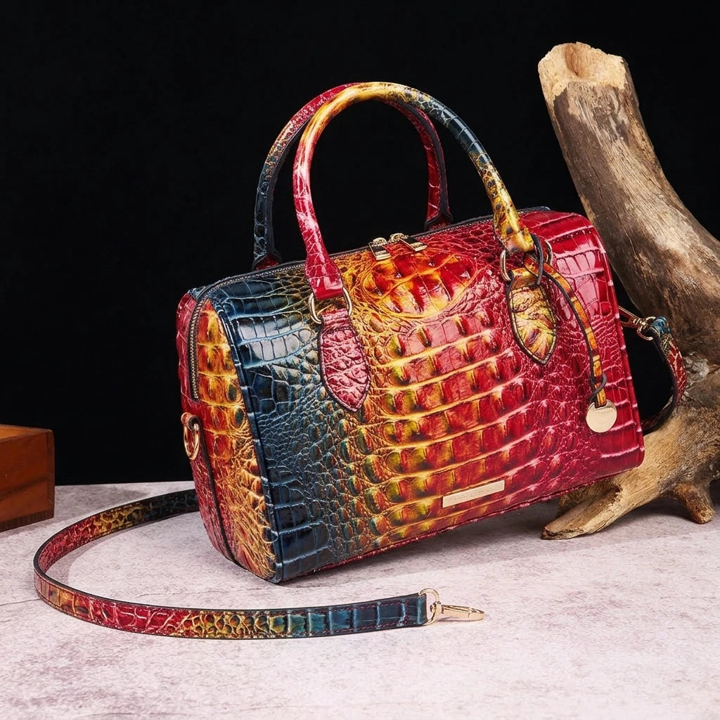 Embossed Top Handle Boston Satchel Bag with Detachable Crossbody Strap