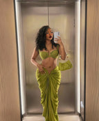 Solid Olive Green Bandeau Swim Set with Draped Maxi Skirt Cover-Up