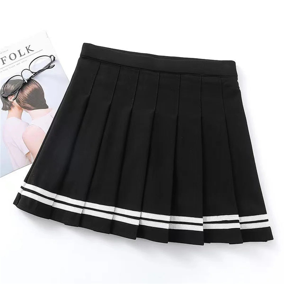 Contrast Trim Pleated Mini Skirt with High Rise Preppy Streetwear Style