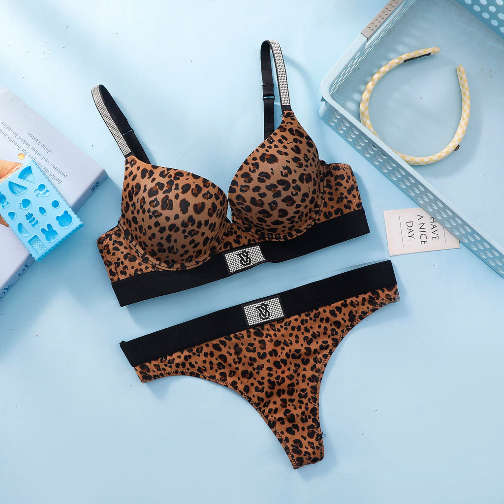 Embellished Script Strap Push-Up Bra and Coordinated Thong Set