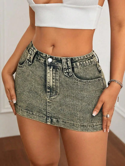 Washed Denim Bodycon Mini Skirt with Front Pockets and Slim Fit