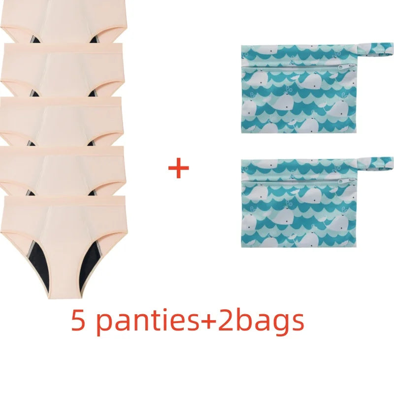 Five-Piece Solid Black Menstrual Brief Set with Two Printed Travel Bags