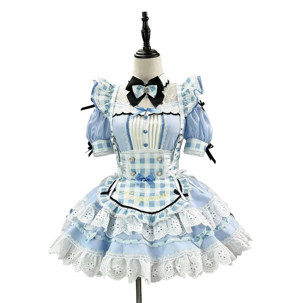 Light Blue Gingham Lolita Maid Dress with Intricate Lace and Bow Accents
