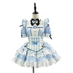 Light Blue Gingham Lolita Maid Dress with Intricate Lace and Bow Accents