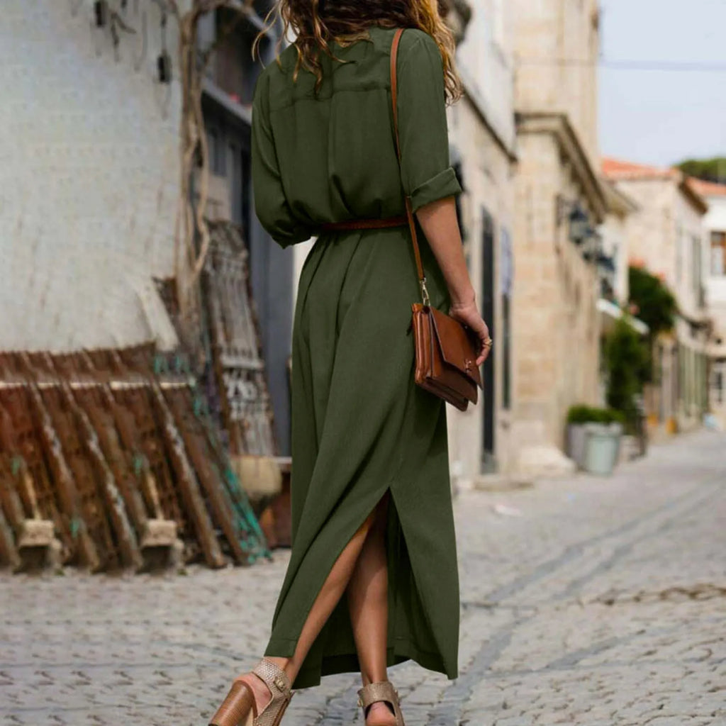 Relaxed Linen Blend Shirt Maxi Dress with Belt and Long Sleeves