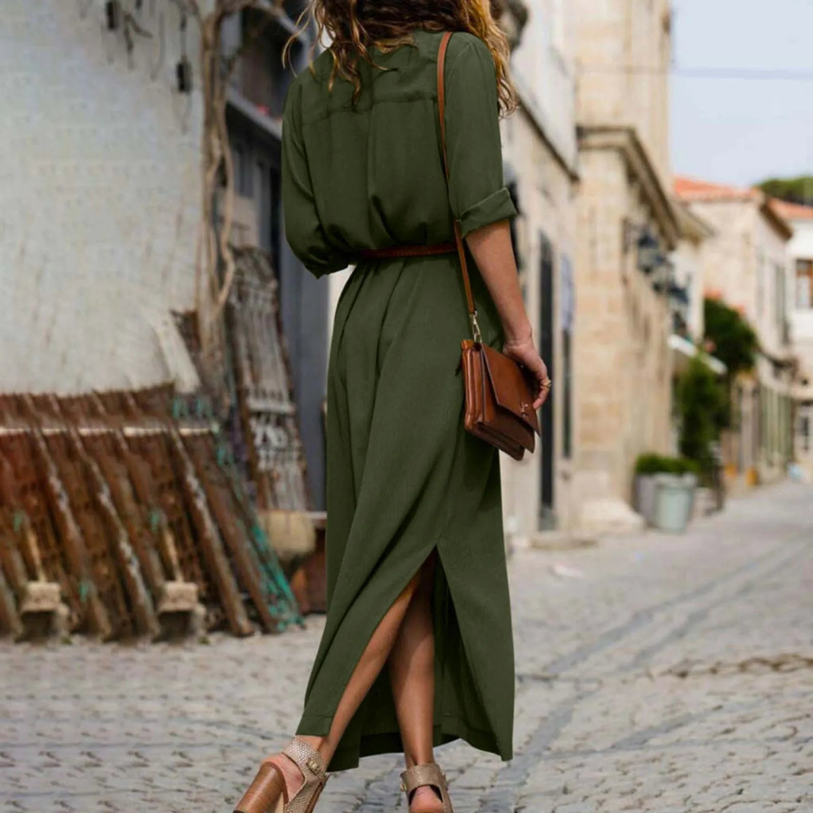 Relaxed Linen Blend Shirt Maxi Dress with Belt and Long Sleeves