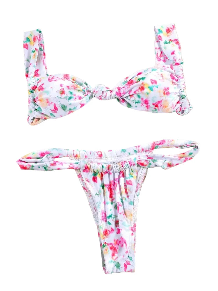 Vibrant Floral Knotted Bralette Bikini Set with Double-Strap Bottoms