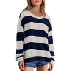 Women's Relaxed Striped Knit Pullover with Long Sleeves for Casual Everyday Streetwear Style