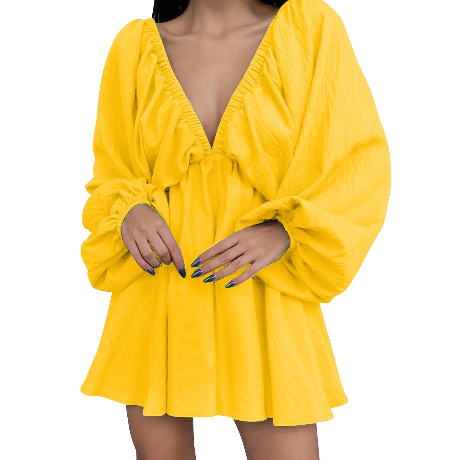 Deep V Neck Pleated Maxi Dress with Flowing Long Sleeves