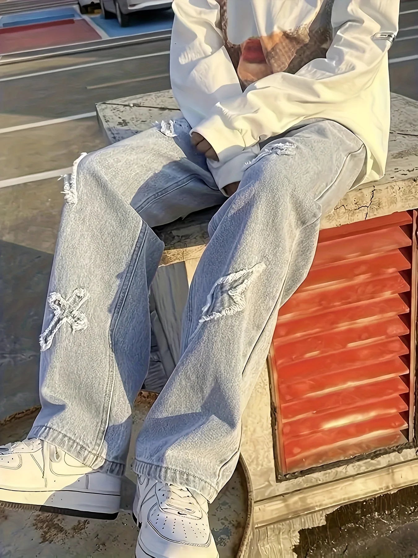 Men's Straight Leg Denim Jeans with Decorative Embroidery Distressed Detail Casual Streetwear Style