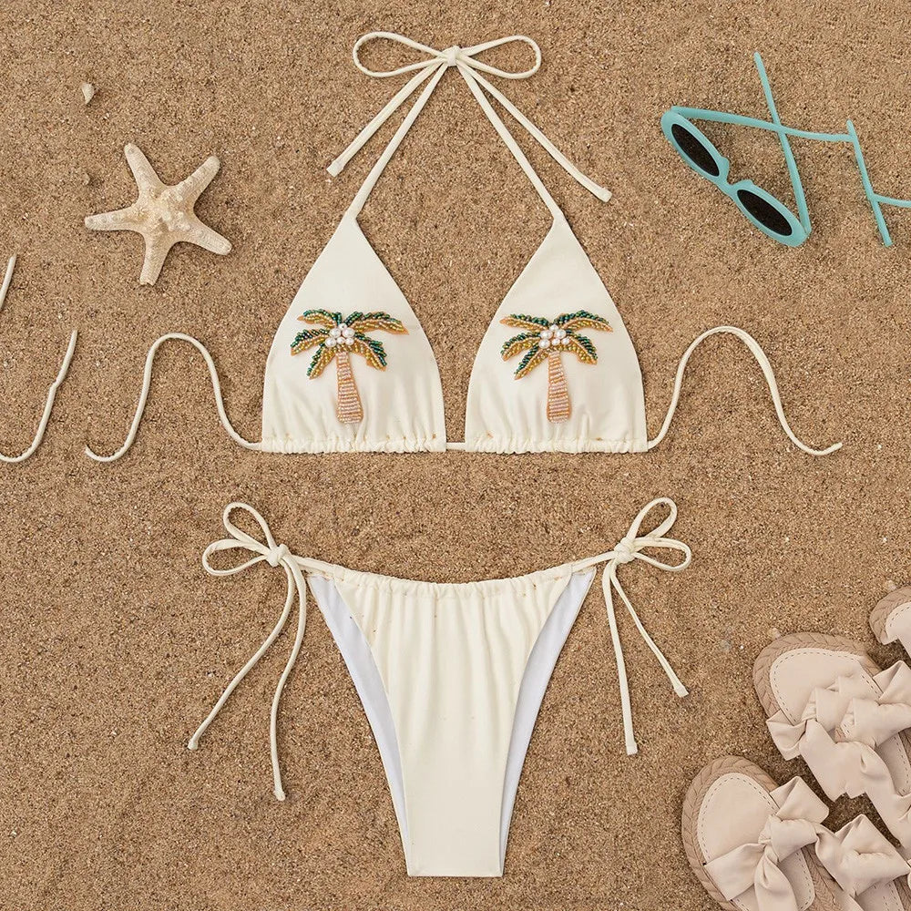 Cream String Bikini with Beaded Palm Tree Embellishments