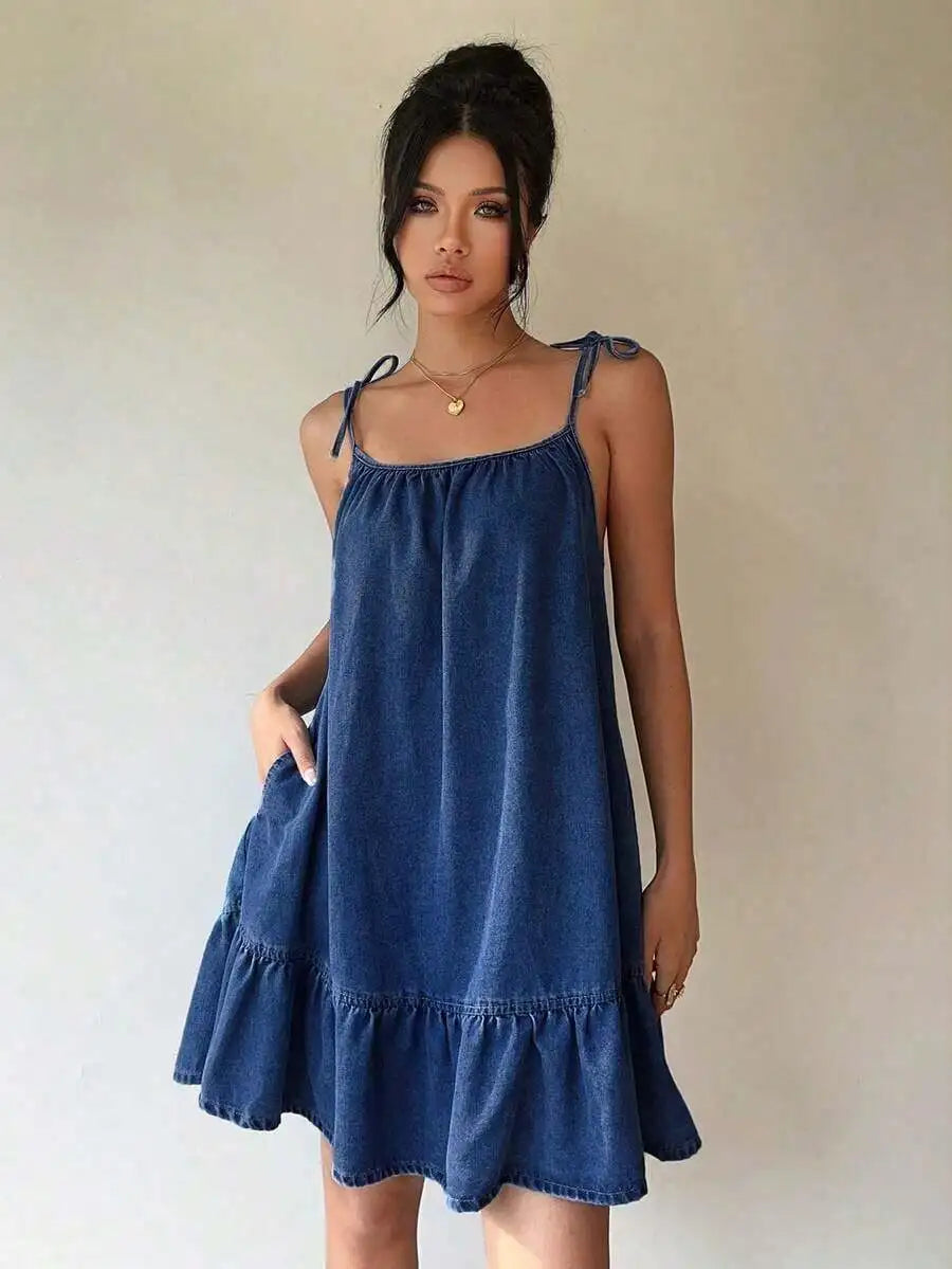 Denim Inspired Spaghetti Strap Mini Dress With Ruffle Hem Relaxed Silhouette
