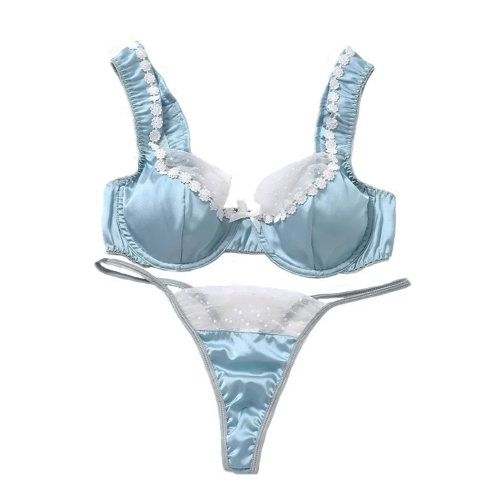 Shimmering Light Blue Satin and White Lace Underwire Demi Bra Set