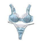 Shimmering Light Blue Satin and White Lace Underwire Demi Bra Set