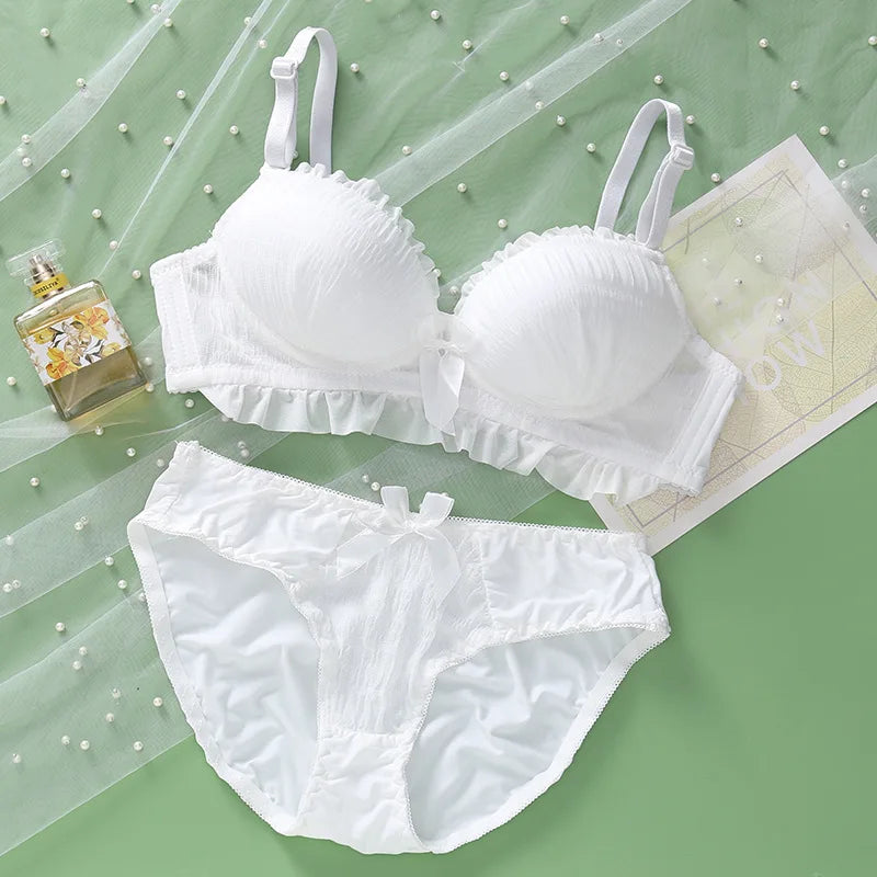 Soft Ribbed Wire-Free Push-Up Bra and Panty Set with Ruffled Trim