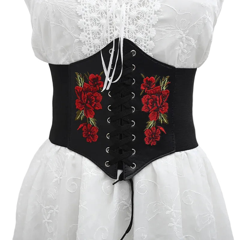 Embroidered Underbust Corset Belt with Structured Waist Definition and Lace-Up Front