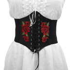 Embroidered Underbust Corset Belt with Structured Waist Definition and Lace-Up Front