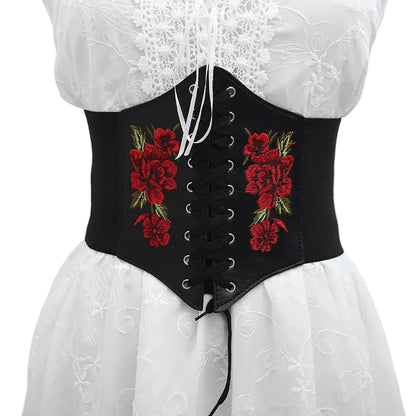 Embroidered Underbust Corset Belt with Structured Waist Definition and Lace-Up Front