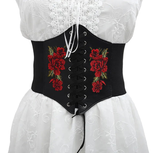 Embroidered Underbust Corset Belt with Structured Waist Definition and Lace-Up Front