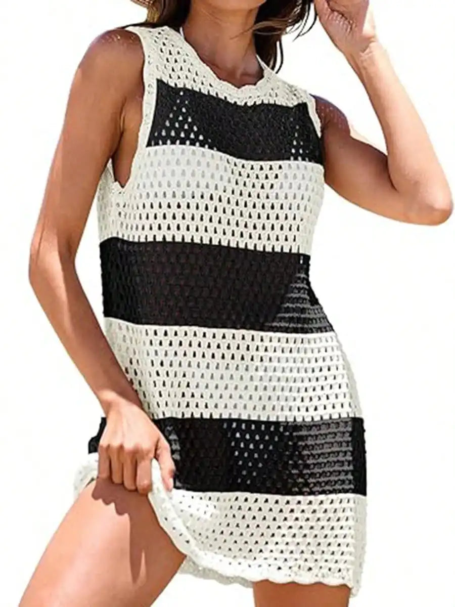 Black Crochet Backless Beach Cover-Up Dress with Hollow-Out Knit Design, Sleeveless Silhouette and Mini Length