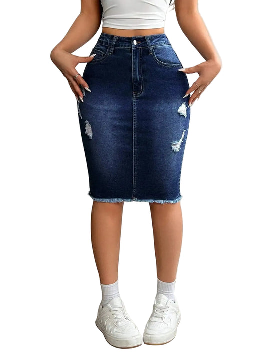 Distressed Stretch Denim Pencil Skirt with Frayed Hem Streetwear Styling