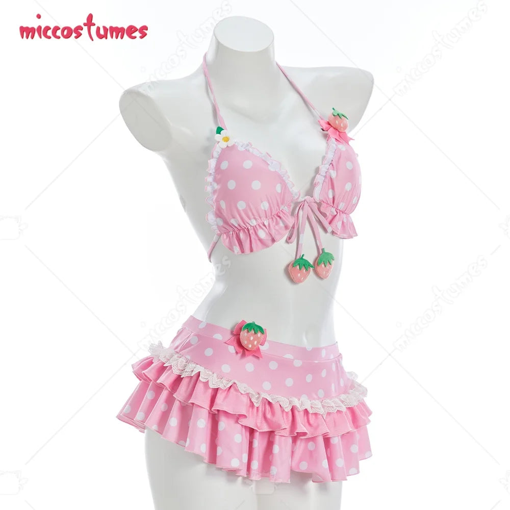 Women's Strawberry Print Polka Dot Bikini Set with Ruffled Details, Vintage-Inspired Two-Piece Swimwear and Cute Y2K Styling
