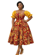 Regal Geometric Print Midi Dress with Contrast Puff Sleeves and Button Bodice