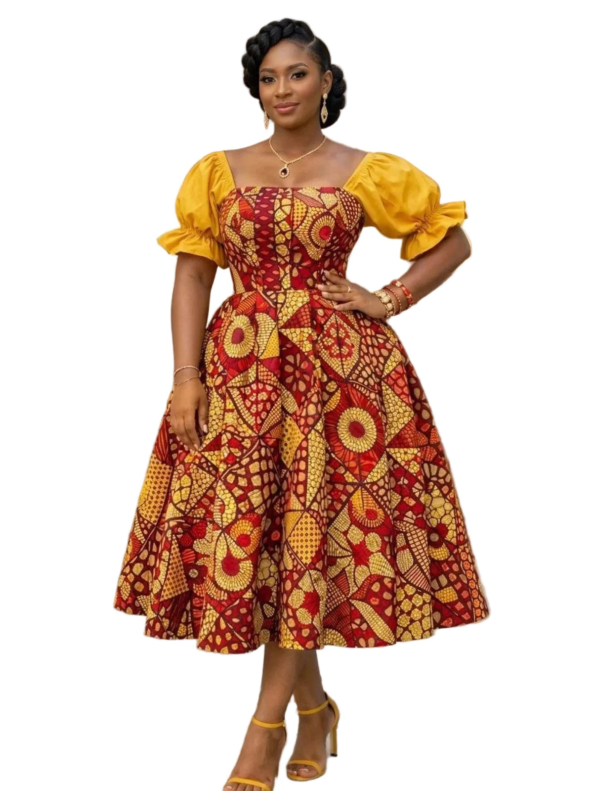 Regal Geometric Print Midi Dress with Contrast Puff Sleeves and Button Bodice