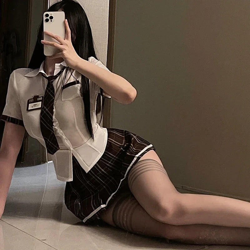 Earth-Toned Collegiate Roleplay Set with Collared Top, Brown Plaid Skirt, and Coordinated Tie