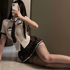 Earth-Toned Collegiate Roleplay Set with Collared Top, Brown Plaid Skirt, and Coordinated Tie