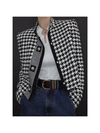 Retro Houndstooth Stand Collar Jacket with Tailored Vintage Inspired Silhouette