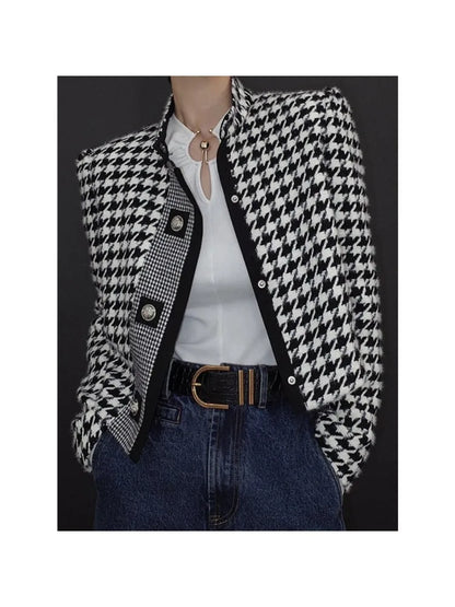 Retro Houndstooth Stand Collar Jacket with Tailored Vintage Inspired Silhouette