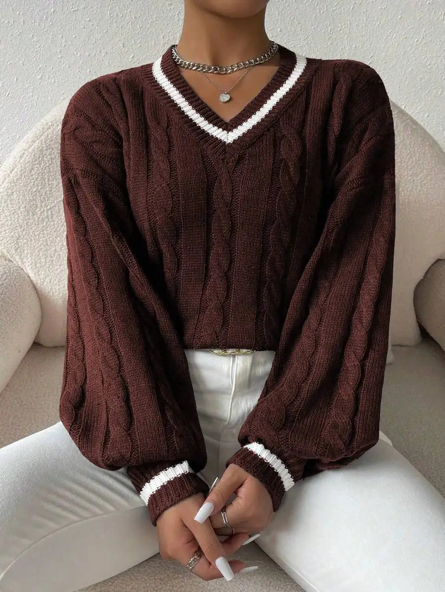 Women's Cable Knit V Neck Sweater with Contrast Trim Relaxed Fit Design