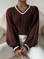 Women's Cable Knit V Neck Sweater with Contrast Trim Relaxed Fit Design