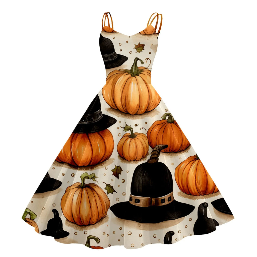 Black and White Bat Print A-Line Swing Dress with Double Spaghetti Straps