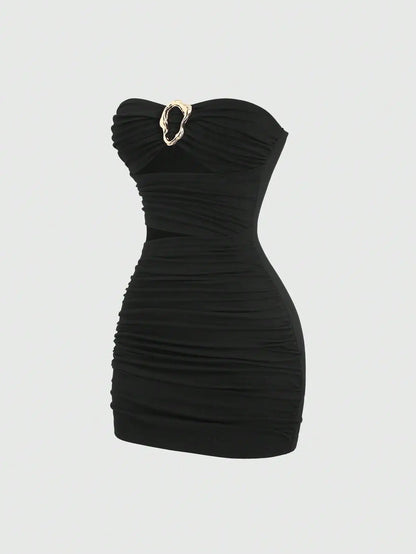 Strapless Ruched Bodycon Mini Dress with Metallic Accent Contemporary Silhouette