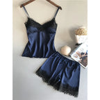 Sleek Satin-Finish Black Camisole and Shorts Sleep Set with Delicate Lace Trim